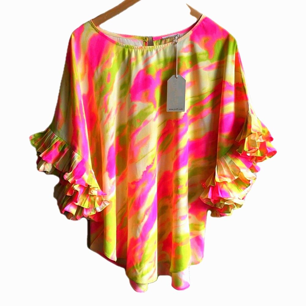NWT jodifl top Large Oversized Fit Neon Tie Dye With Ruffle Sleeve Accents